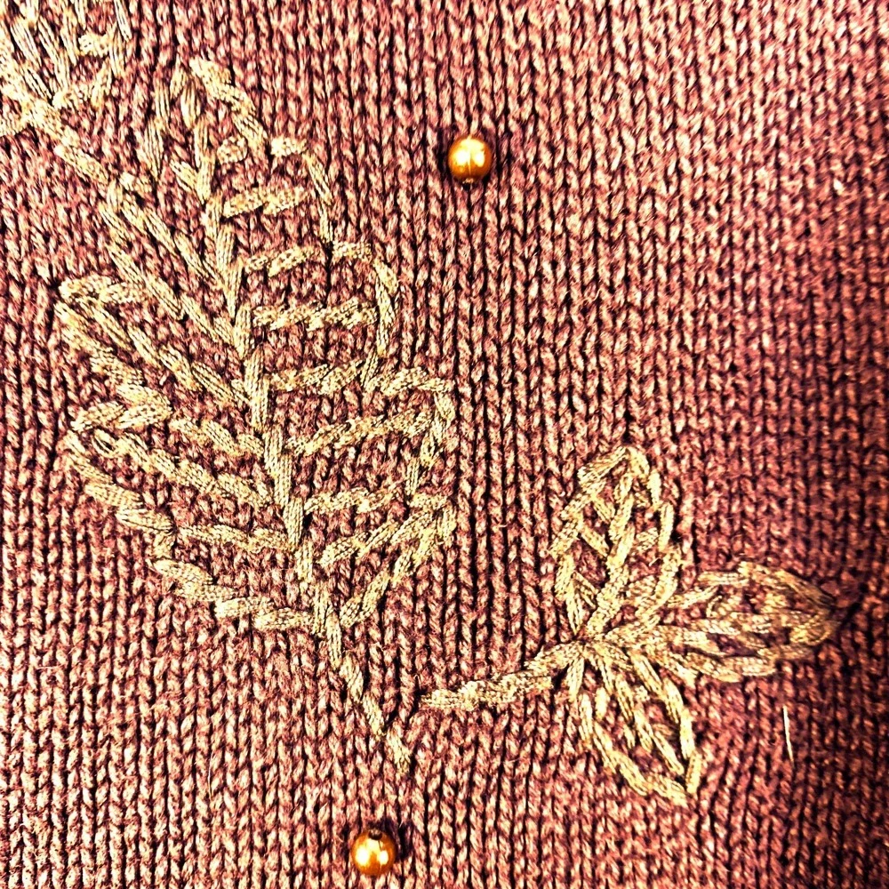 VTG Crystal Kobe Cardigan Sweater Womens Sz XXXL Brown Embroidered Leaves Beaded - Picture 11 of 14